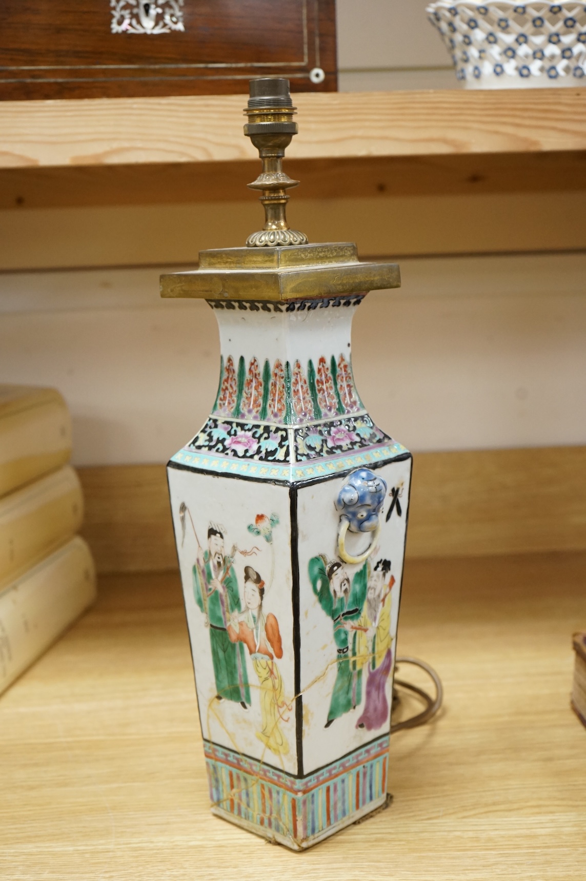 A Chinese famille rose square vase, early 20th century, mounted as a lamp, 37cm high not including light fitting.